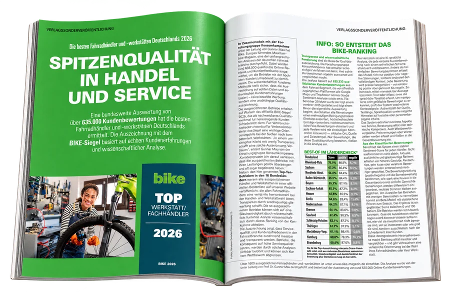 BIKE Magazin aufgeschlagen: Verlagssonderveröffentlichung Spitzenqualität in Handel und Service