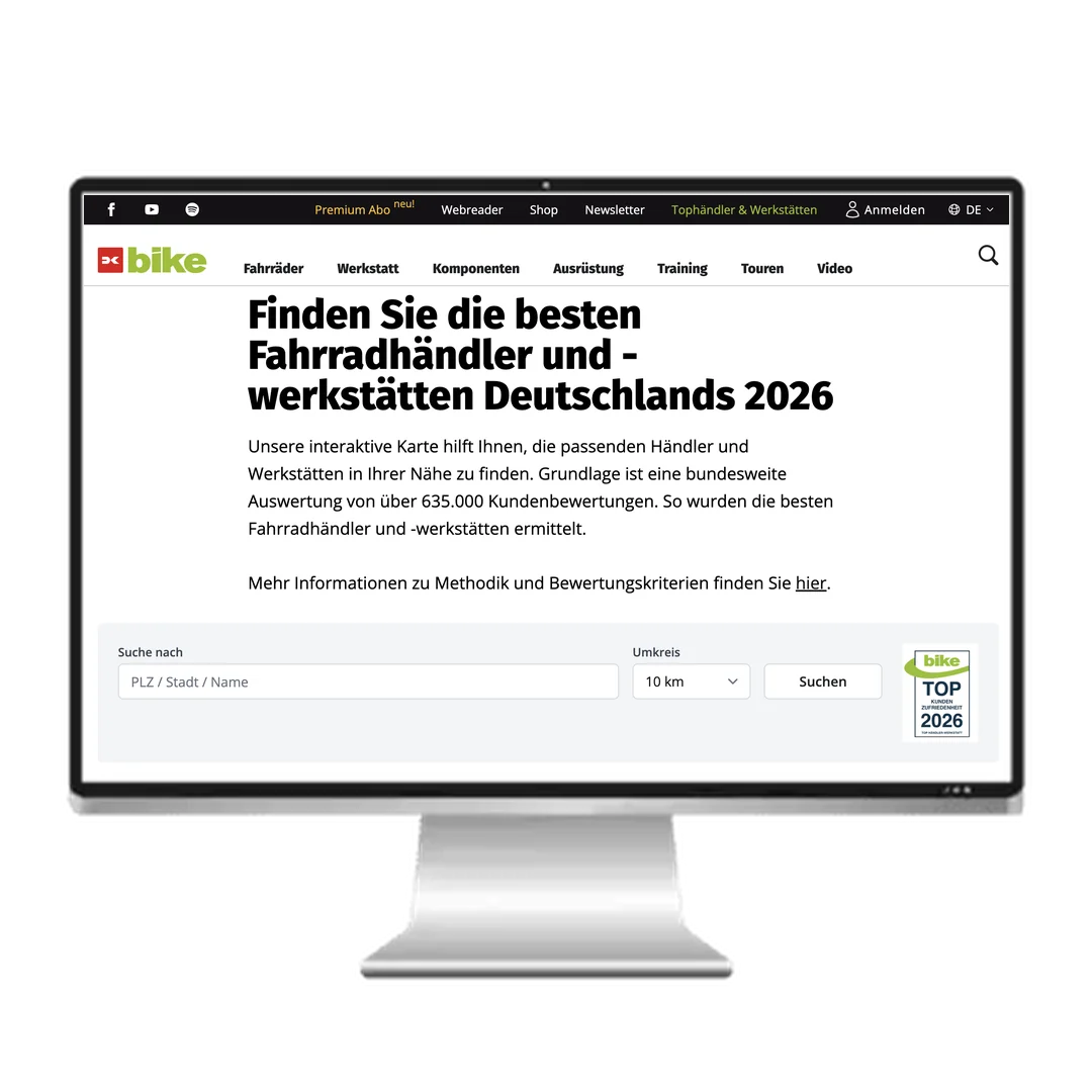 bike-magazin.de Händler- und Werkstattsuche mit BIKE-Siegel, dargestellt auf einem Bildschirm