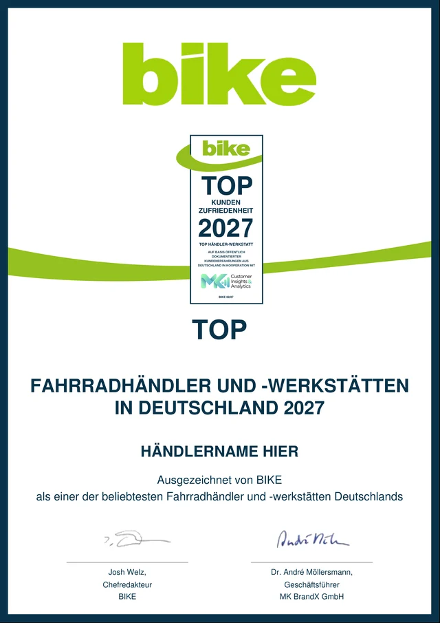 BIKE Urkunde Top Fahrradhändler und -werkstätten 2027